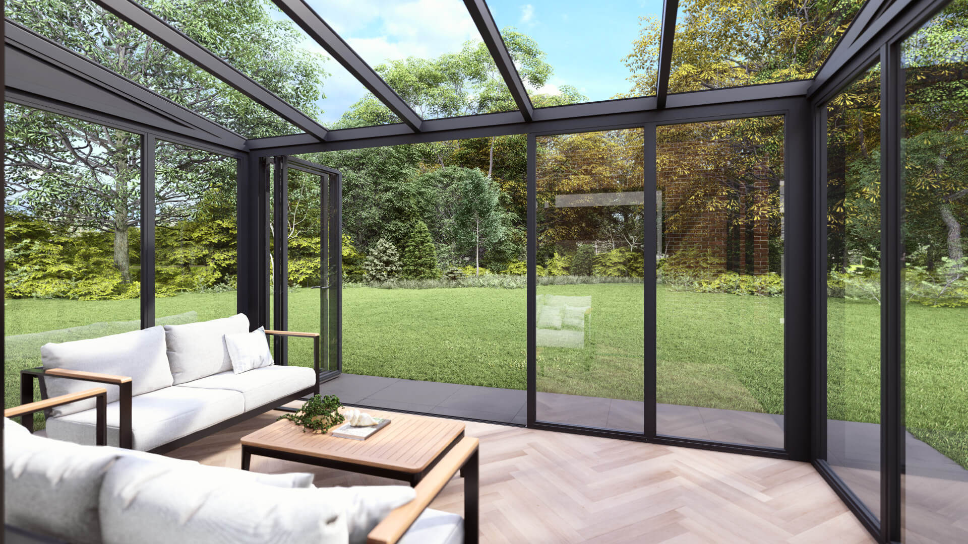 Moderne tuinkamer met visgraatvloer en glazen overkapping en glazen schuifwanden antraciet