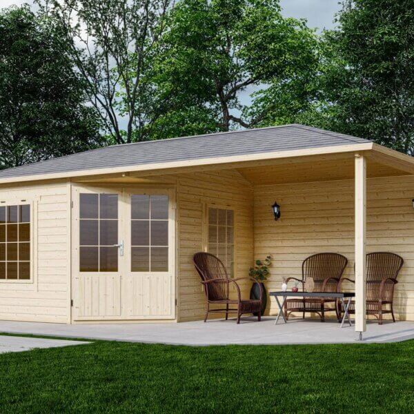 Blokhut met opbergruimte overkapping en lounge