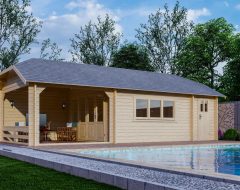 Blokhut 7 meter met zwembad en overkapping met zitgedeelte