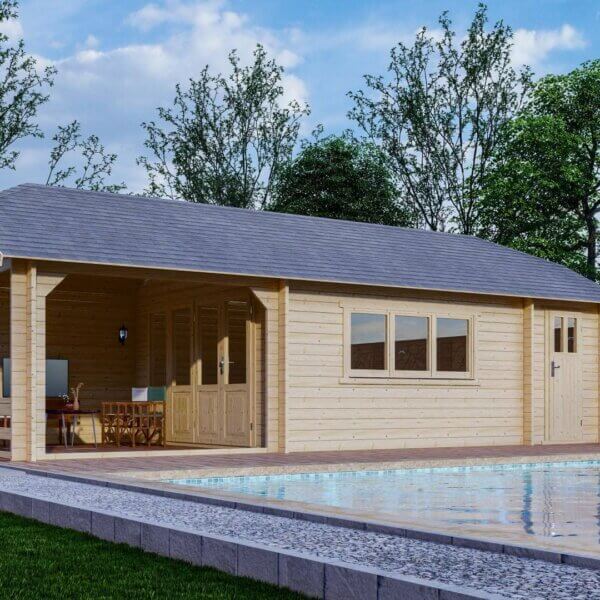 Blokhut 7 meter met zwembad en overkapping met zitgedeelte
