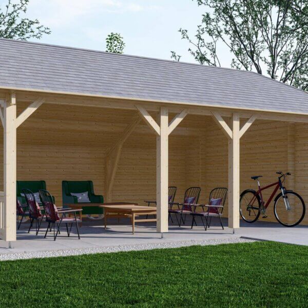 Wolfskap blokhut groot met loungesets in tuin