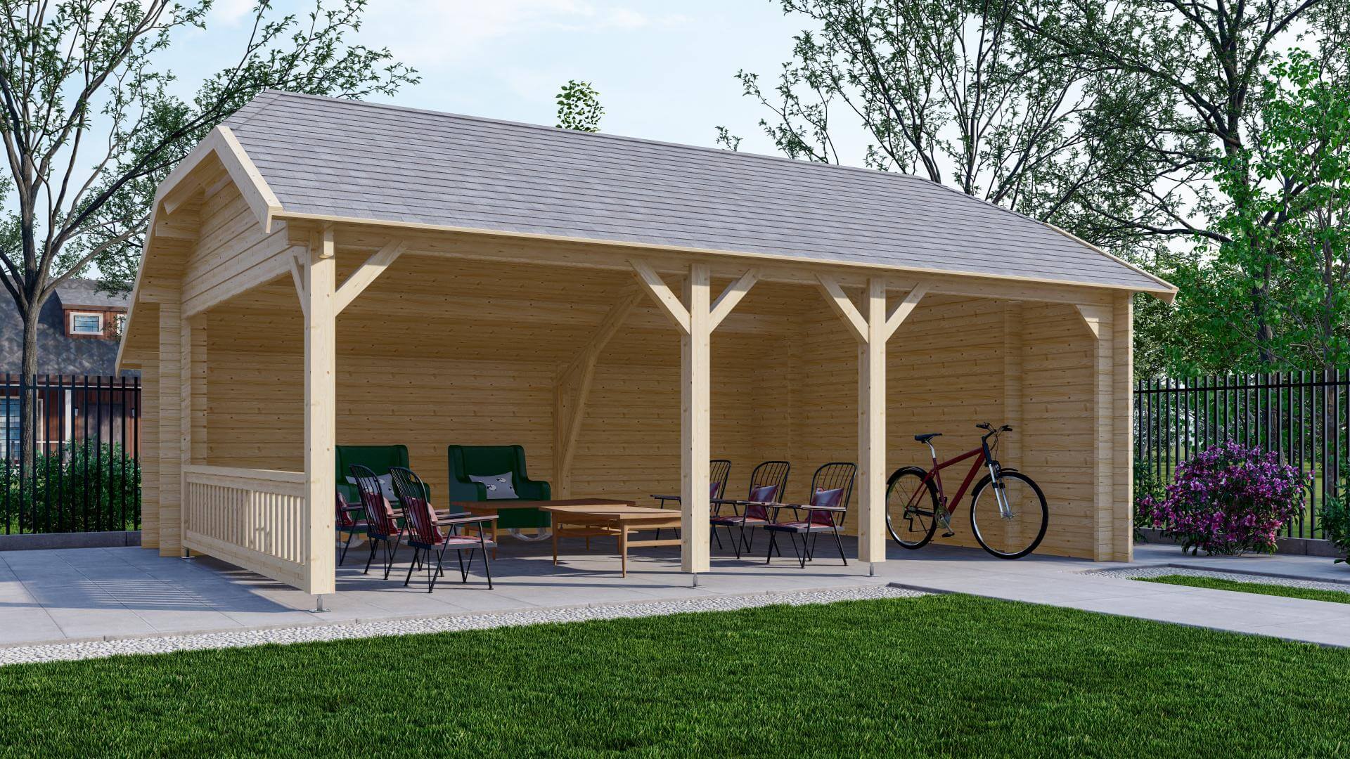 Wolfskap blokhut groot met loungesets in tuin