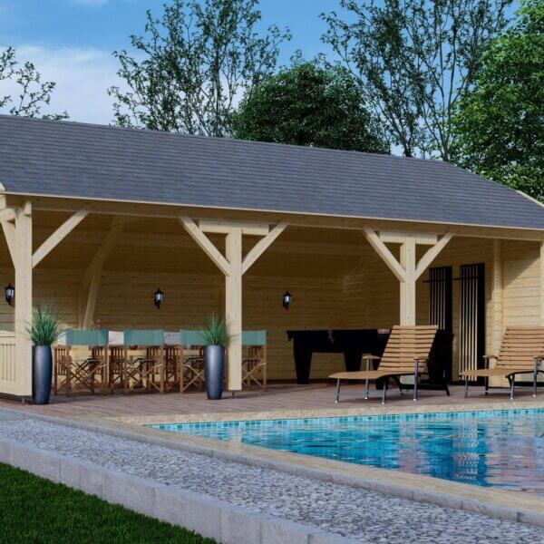 Blokhut wolfskap licht hout met donker dak groot met zwembad en loungestoelen