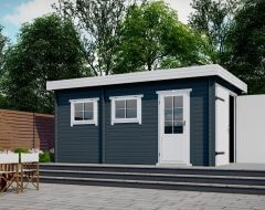 Blokhute gecoat donkerblauw en wit met ramen en garagedeuren