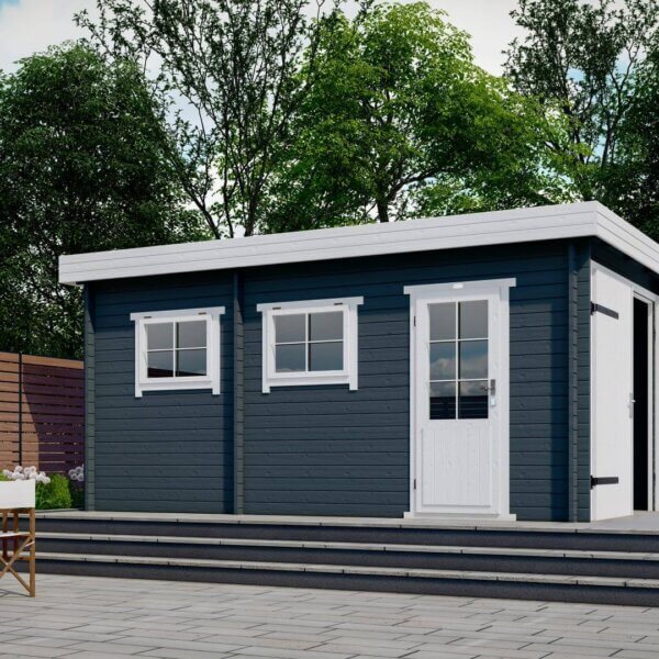 Blokhute gecoat donkerblauw en wit met ramen en garagedeuren