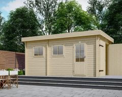 Blokhut licht hout in tuin met trap en deuren