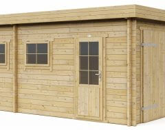 Blokhut licht hout met dubbele garagedeur en ramen