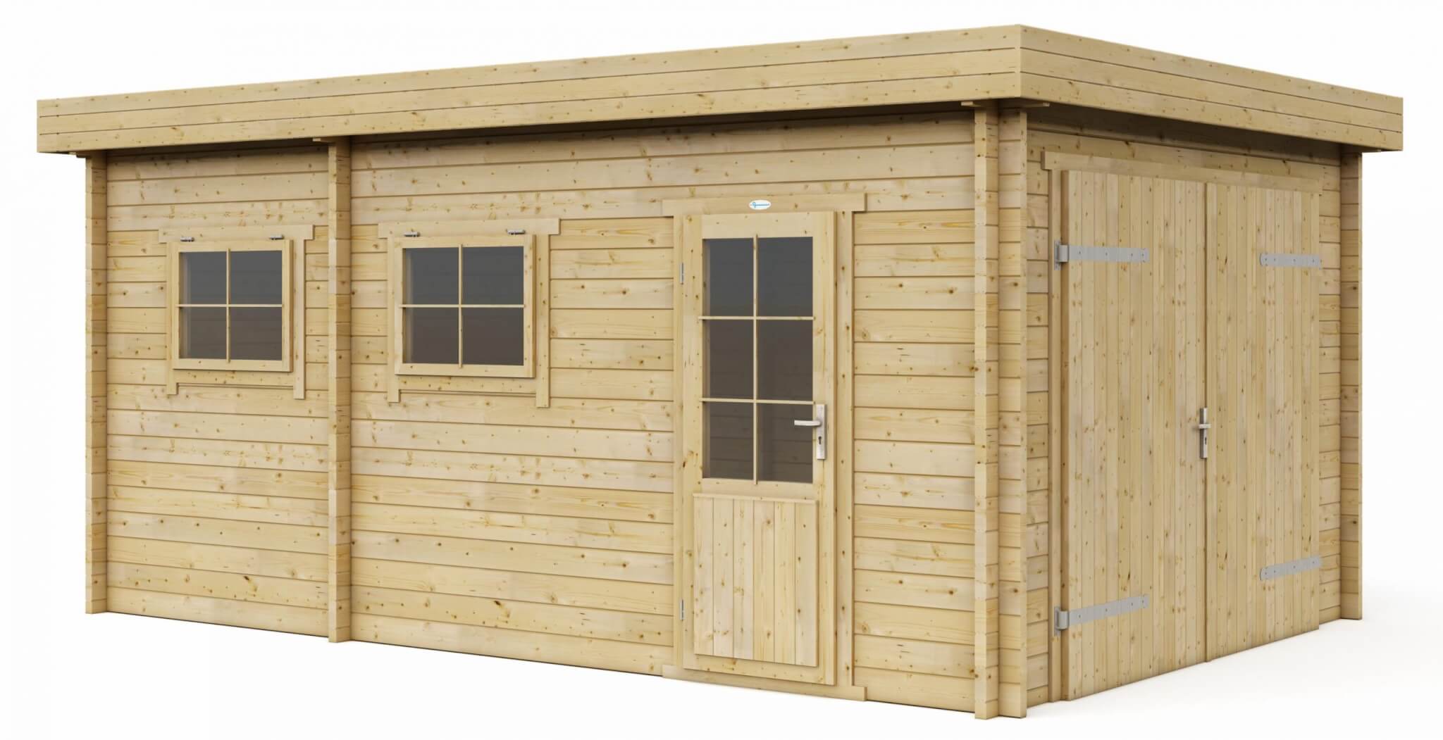 Blokhut licht hout met dubbele garagedeur en ramen